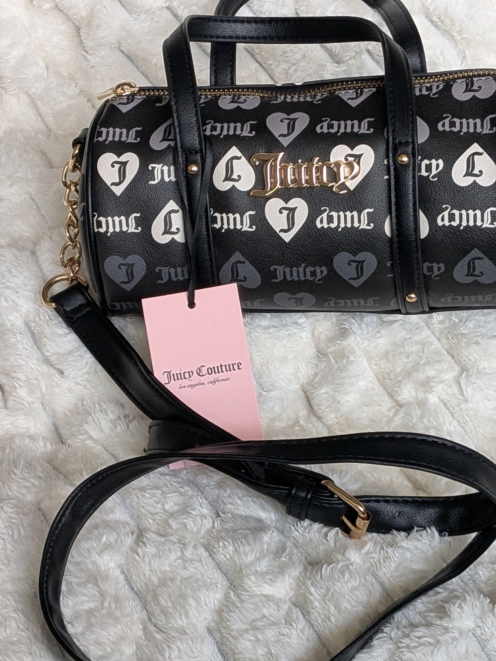 Juicy Couture Black and White Logo Heart Barrel Crossbody Bag
